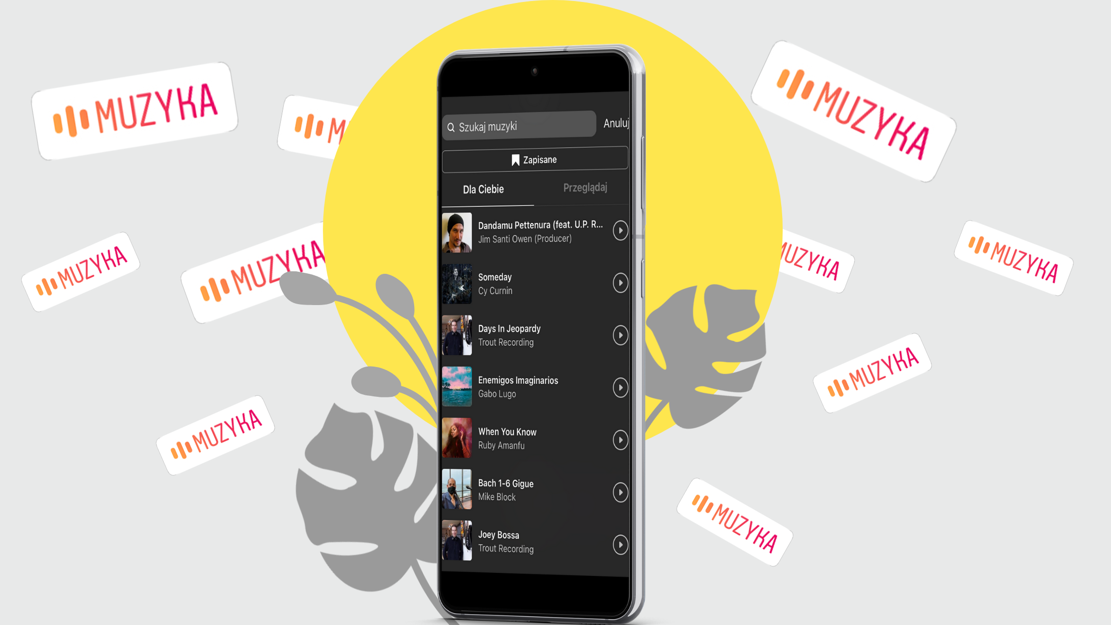 Smartfon na którym wyświetla się opcja "muzyka" na instagramie